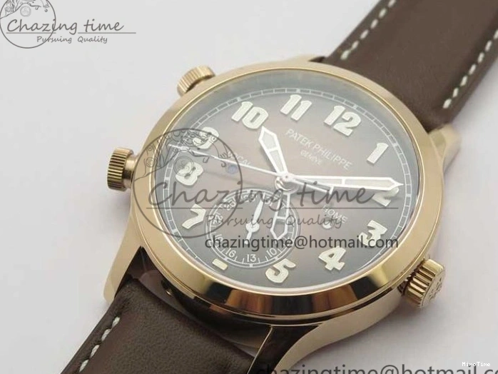 MIROTIME 0427 ZipUp Calatrava 5524R Pilot Travel Time RG GRF Brown Dial on Brown Leather Strap A324 V 7110